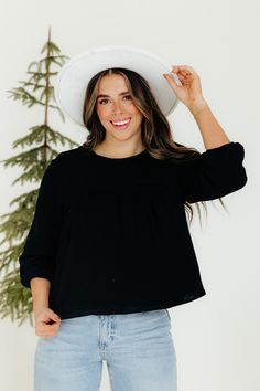 Juliet Top-Black Black Summer Top With Elastic Waistband, Casual Black Flowy Blouse, Effortless Black Top For Spring, Effortless Black Tops For Spring, Black Relaxed Fit Blouse For Spring, Black Flowy Tops For Workwear, Casual Black Flowy Tops, Flowy Black Tops For Work, Flowy Black Tops For Workwear