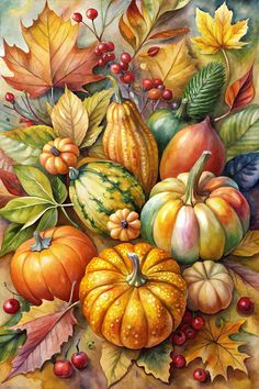 a painting of pumpkins and leaves on a table