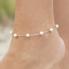 Ross-Simons - 7-7.5mm Cultured Pearl Station Anklet in Sterling Silver. 10". Take a stylish step in the right direction! Crafted in polished sterling silver, our anklet features classic 7-7.5mm cultured freshwater pearls stationed on a sleek box chain. Winter, spring, summer or fall?our on-trend design gives you a reason to show off - from head to toe! Lobster clasp, white pearl station anklet. Pearl birthstones are the perfect gift for June birthdays. Elegant Sterling Silver Anklets For Summer, Elegant Sterling Silver Bracelets For Summer, Elegant Hypoallergenic Anklets For Summer, Elegant Flexible Silver Anklets, Pearl Birthstone, June Birthday, Fine Jewelery, Freshwater Cultured Pearls, Box Chain