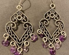 Amethyst & Chain Hoops - Etsy Purple Metal Chandelier Earrings As Gift, Purple Metal Chandelier Earrings For Gifts, Purple Metal Drop Earrings, Purple Teardrop Metal Earrings, Purple Pierced Metal Jewelry, Purple Metal Pierced Jewelry, Purple Teardrop Metal Jewelry, Nickel-free Purple Dangle Hoop Earrings, Purple Metal Dangle Earrings