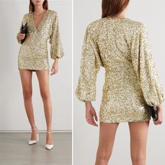 Nwt Retrofete Gold Aubrielle Sequined Chiffon Mini Dress Size Small. New With Tags! Msrp$732 Aubrielle Dress Gold-Tone Aubrielle Dress From Retrofete Featuring Sequin Embroidery, A V-Neck, Long Sleeves And A Short Length. Imported Composition Outer: Polyester 100% Lining: Polyester 95%, Spandex/Elastane 5% Gold Champagne Sequin Dress Long Sleeve V Neck Padded Shoulders Retrofete Gold Glitter Dress Long Sleeve, Long Sleeve Gold Dress, Sparkly Long Sleeve Dress, Sequin Dress Long Sleeve, Sequin Dress Long, Champagne Sequin Dress, Gold Dress Short, Gold Glitter Dress, Gold Mini Dress