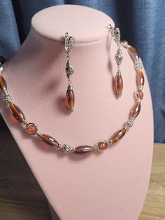 Vintage style handmade jewelry set,  amber color necklace,  bracelet and earrings. Handmade Jewelry Set, Color Necklace, Christmas Deals, Amber Color, Mode Vintage, Necklace Bracelet, Vintage Stil, Pendant Necklaces, Jewelry Set