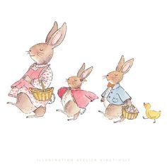 three rabbits in dresses are carrying baskets