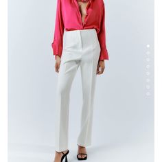 Nwt Zara High Waisted White Pants M True To Size Waist 14 Inch If You Would Like To Have The Same Pink Nwt Zara Blouse As On The Photo, Let Me Know Please Because I Have Zara Pink Blouse Size M. The Blouse Will Cost $25 Elegant Zara Bottoms For Office, Elegant Zara Pants For Spring, Chic Red Dress Pants For Spring, Elegant Red Summer Bottoms, Elegant Red Straight Pants, Chic Zara Straight Leg Pantsuit, Red Summer Office Pants, Elegant Red Wide Leg Pants For Spring, Elegant Red Zara Pants