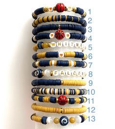 One Whitnall Falcons clay beaded elastic bracelet.  Average middle school kids size is 6.75 inches.  Average adult size is 7 inches. Softball bead also available. School Kids, Elastic Bracelet, School Spirit, Clay Beads, Softball, Beaded Bracelet, Middle School, Labour Day, Jewelry Bracelets