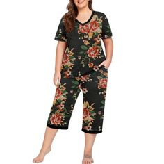 Cueply Women Plus Size Pajamas Set Short Sleeve Pjs V-Neck Sleepwear Capri Set of 2Design---This pair of pajama pants has pockets and elastic waist. All seasons---The soft fabric and capri-length bottoms, for one thing. Furthermore, the short-sleeved tops are breathable and lightweight while being roomy enough to layer. Wash---Don't worry about shrinkage, fading, or threads that come loose. Machine wash in cold water with like colors, and the life of your pajamas will last for season upon season Capri Set, Womens Pjs, Womens Pajamas, Plus Size Pajamas, Plus Size Two Piece, Sleepwear Sets, Sleepwear & Loungewear, Print Pajamas, Women Plus Size