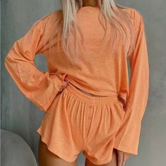 Super Cute And Stylish Ships In 5-10 Business Days Spring Solid Color Lounging Sets, Solid Color Lounging Sets For Spring, Solid Color Spring Lounging Sets, Casual Orange Loungewear Sets, Solid Color Sleepwear For Spring Lounging, Casual Orange Long Sleeve Sleepwear, Solid Color Spring Sleepwear For Lounging, Solid Spring Sleepwear For Lounging, Long Sleeve Solid Color Loungewear Sets