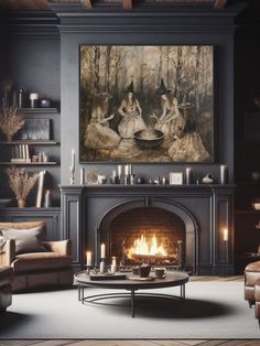 a living room filled with furniture and a fire place in front of a painting on the wall