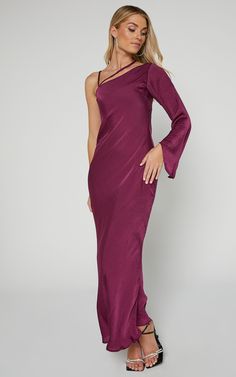 Khacy Midi Dress - One Shoulder Halter Dress in Plum Purple One-shoulder Evening Dress, Purple Off-shoulder Evening Dress For Gala, Purple One-shoulder Fitted Evening Dress, Purple Fitted One-shoulder Evening Dress, Elegant Purple Midi Dress For Party, Purple Fitted One-shoulder Dress With Asymmetrical Neckline, Chic Purple One Shoulder Dress For Party, Purple Fitted One Shoulder Dress With Asymmetrical Neckline, Purple Off-shoulder Midi Dress For Evening