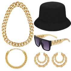 PRICES MAY VARY. 【Hip Hop Costume Set】Our hip hop costume kit package with 1 piece DJ rapper glasses, 1 piece black bucket hat, 1 piece faux gold chain, 1 x bracelet, 1 pair of hip-hop hoop earrings, funny costume set for your 80s, 90s dress up, you'll be eye-catching one in 80s or 90s theme parties. A smooth and shiny appearance attracts the attention of any occasion. Definitely fits the theme of birthdays, the 80s, 90s themed parties, festivals, Halloween party or other parties. 【Comfortable B Punk Style Gold Jewelry For Streetwear, Casual Metal Jewelry For Parties, Casual Metal Jewelry For Streetwear, Trendy Streetwear Chain Jewelry, Trendy Metal Jewelry For Streetwear, Trendy Streetwear Jewelry Chain, Trendy Metal Jewelry For Concerts, Trendy Concert Chain Jewelry, Trendy Jewelry Chain For Concert