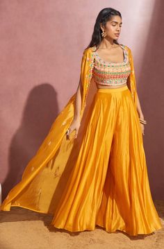 Aneesh Agarwaal-Yellow Jacket Sharara With Jacket And Blouse-INDIASPOPUP.COM Yellow Bollywood Style Choli, Cheap Orange Choli For Festivals, Sharara With Jacket, Yellow Blouse Designs, Jacket Sharara, Haldi Dress Ideas, Yellow Sharara, Haldi Ceremony Outfit, Haldi Dress