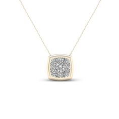 Amp up the sparkle volume with this dazzling cushion-shaped diamond pendant. Crafted in warm 10K gold, this petite design features a 1/15 ct. diamond at the center of a shimmering composite. A polished frame completes this spellbinding look. Radiant with 1/3 ct. t.w. of diamonds and a brilliant buffed luster, this dainty pendant suspends along an 18.0-inch rope chain that secures with a spring-ring clasp. Gold Necklace Zales, Dainty Pendant, Rose Gold Metal, Rope Chain, Diamond Stone, Diamond Clarity, Stone Settings, 10k Gold, Necklace Designs