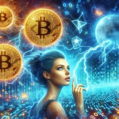 a woman is surrounded by bitcoins in the background, and there are other crypt symbols around her