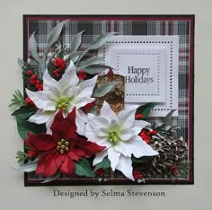 a christmas card with poinsettis and pine cones