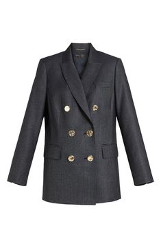 Gleaming hammered buttons add a sculptural touch to a classic jacket cut from a luxe blend of wool and silk. Double-breasted button closure Peaked lapels Three-button cuffs Chest welt pocket; front flap pockets Back vent Lined 82% virgin wool, 17% silk, 1% elastane Dry clean Imported Designer Tailored Outerwear With Gold Buttons, Luxury Outerwear With Notch Lapel And Gold Buttons, Elegant Wool Outerwear With Gold Buttons, Luxury Winter Blazer With Gold Buttons, Luxury Outerwear With Gold Buttons And Notch Lapel, Luxury Formal Blazer With Covered Buttons, Elegant Formal Outerwear With Gold Buttons, Luxury Evening Blazer With Gold Buttons, Designer Tailored Blazer With Gold Buttons