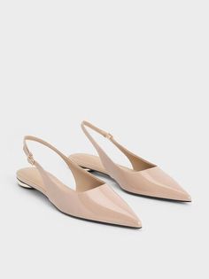 Nude Patent Pointed-Toe Slingback Flats | CHARLES & KEITH Charles And Keith Shoes, Flat Slingback Shoes, Formal Flats, Charles And Keith, Nude Flats, Wedding Flats, Nude Shoes, Slingback Flats, Faux Leather Heels