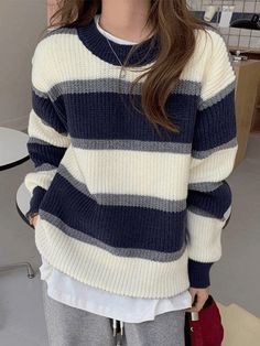 ⚡️Buy Color Block Striped Knit Sweater Blue ONE SIZE under $34.00 in Sweaters Online. Style: Casual, Street Color: Gray,Blue Fabric Content: Polyester, Viscose, Nylon Fit Type: Loose fit Neckline: Crew Neck Sleeve Length: Long Sleeve. ✓2022 NEW YEAR SALE | $10 OFF OVER $75 CODE: NY1 I $25 OFF OVER $125 CODE: NY2 | $35 OFF OVER $215 CODE: NY3✓Free Shipping on all orders over $69 USD.. Check reviews and order Color Block Striped Knit Sweater today. Baggy Sweater Aesthetic, Korean Style Sweater, Mode Ulzzang, Haine Diy, Striped Knit Sweater, Bodycon Floral Dress, Grey Knit Sweater, Fall Fits, Blue Sweater