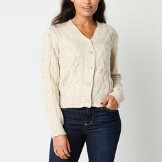 Add a delicate chic sparkle to your knitwear thanks to gorgeous cozy cable-knit cardigan for women by St. John's Bay. Made from a soft neutral hued knit, it comes embellished with small multicolor rhinestones, a v-neck button-front and ribbed trims. Wear it with jeans and boots. Closure Type: Open FrontFit: Classic FitNeckline: V NeckPockets: 2 Front Slip PocketsSleeve Length: Long SleeveSleeve Style: Drop-Shoulder SleeveApparel Length: 24 InchesFiber Content: 86% Acrylic, 10% Nylon, 4% Polyeste Cardigan Beige, Zippered Cardigan, Small Sweater, Beige Cardigan, Cable Knit Cardigan, Cardigan Sweaters For Women, Open Front Cardigan, Cardigans For Women, Front Open