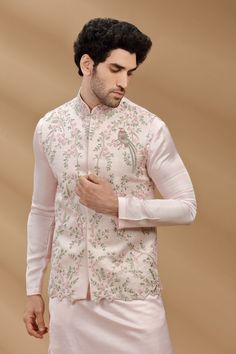 Buy Baby Pink Color Art Slik Fabric Mens Kurta Set With Waistcoat, Nehru Jacket, Modi Jacket, Designer Half Jodhpuri Jacket With Kurta Pajama Online in India - Etsy Pink Embroidered Nehru Jacket Kurta, Nehru Jacket With Resham Embroidery For Diwali, Designer Nehru Jacket With Dori Work For Navratri, Navratri Designer Nehru Jacket With Dori Work, Nehru Jacket With Dori Work For Navratri, Fitted Nehru Jacket With Dori Work For Navratri, Festive Pink Nehru Jacket Straight Kurta, Fitted Bandhgala With Dabka For Puja, Bollywood Style Nehru Jacket With Dori Work For Navratri