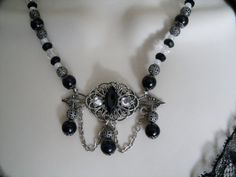 Gothic Victorian Necklace victorian jewelry gothic by Sheekydoodle Bohemian Black Beaded Evening Jewelry, Gothic Silver Jewelry With Black Beads, Gothic Beaded Jewelry For Evening, Gothic Silver Necklace With Black Beads, Gothic Silver Beaded Necklaces With Black Beads, Silver Gothic Necklace With Black Beads, Victorian Handmade Necklaces With Round Beads, Victorian Necklaces For Jewelry Making With Round Beads, Handmade Victorian Necklaces With Round Beads