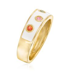 Ross-Simons - .20ct t. w. Multicolored Sapphire, White Enamel Ring Over Sterling. Size 6. Let a little color into the mix with this well-priced ring! Bright white enamel plays backdrop to a splashy mix of .20 ct. t. w. multicolored sapphire rounds. Crafted in polished 18kt yellow gold over sterling silver. 1/4" wide. White enamel and multicolored sapphire ring. White Stackable Enamel Jewelry, White Enamel Stackable Ring, White Stackable Enamel Ring, White Enamel Anniversary Rings, Multicolor Enamel Anniversary Ring, Diamond Anklet, Italian Gold Jewelry, Pearl Bracelet Gold, Pearl Strands Necklace