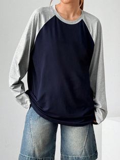 Raglan Sleeve Color Block Casual Loose Fit Long Sleeve T-Shirt Navy Blue Casual  Long Sleeve Fabric Colorblock  Medium Stretch  Women Clothing, size features are:Bust: ,Length: ,Sleeve Length: Casual Raglan Sleeve Tops With Contrast Color, Casual Tops With Contrast Color And Crew Neck, Casual Crew Neck Top With Contrast Color, Casual Long Sleeve Shirt With Contrast Color, Long Sleeve Cotton Tops With Contrast Color, Cotton Long Sleeve Tops With Contrast Color, Casual Gray Tops With Contrast Color, Blue Long Sleeve Tops With Contrast Color, Casual Gray Top With Contrast Color