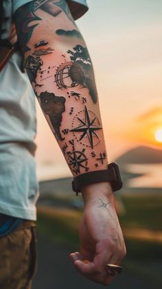 Tattoo Ideas For Men Ocean, Adventure Tattoos For Men, Compass Rose Tattoo Men Forearm, Small Tattoo Leg Men, Travelling Tattoos Men, Detailed Tattoo For Men, Nautical Map Tattoo Design, Paris Inspired Tattoos, Time Tattoos For Men