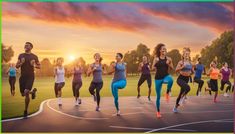 a group of people running on a basketball court at sunset or sunrise with the sun setting behind them