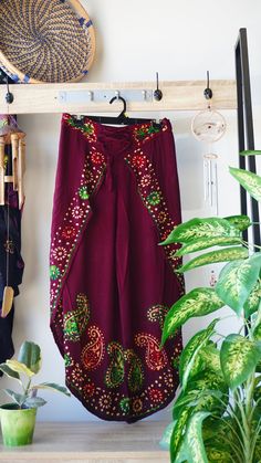 Embroidered Indian boho dhoti pants Bohemian Ankle-length Pants With Floral Embroidery, Traditional Harem Pants For Festive Occasions, Traditional Festive Harem Pants, Bohemian Floral Embroidered Trousers, Bohemian Red Pants For Beach, Bohemian Red Pants For The Beach, Traditional Harem Bottoms For Festive Occasions, Red Bohemian Pants For The Beach, Red Bohemian Pants For Beach