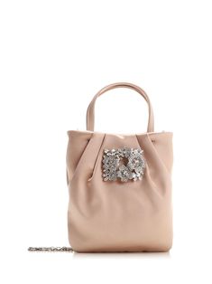 Micro "Drapé Pocket" bag in draped silk-blend satin from Roger Vivier, with Bouquet buckle, double handle and concealed metal shoulder strap. Luxury Evening Bag With Handle Drop, Luxury Shoulder Bag With Detachable Strap For Events, Luxury Evening Bag With Handles For Events, Evening Shoulder Bag With Top Carry Handle, Luxury Evening Bag With Handle Drop For Events, Chic Silk Bags For Formal Occasions, Chic Silk Evening Bag, Evening Tote Shoulder Bag With Silver-tone Hardware, Evening Shoulder Tote Bag With Silver-tone Hardware