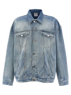 Denim jacket with embossed 'Logo' on the back, button closure, pockets, long cuffed sleeves. Composition: 100% cotton Anti Fashion, Blue Coats, Blazer Vest, Denim Jacket Women, Engineered Garments, Embossed Logo, Cuff Sleeves, Casual Jacket, World Of Fashion