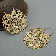 Boho Mandala Lotus Flower Hoop Earrings, Tribal Earrings, Mandala Earrings, Brass Earrings, Big Round Earrings, Flower Earrings METAL :- Brass ❥ Customers satisfaction is our biggest priority, please contact us with any questions/queries for future or existing orders, and we will do our best to make sure you are happy with your order. ♥ Please Make Sure to Include The Correct Address During Before Order. You Can return Item within 30 Days After Successful Delivery. We Offer 100% Money Back Guara Gold Flower Shaped Jewelry For Summer, Gold Flower-shaped Jewelry For Summer, Gold Flower Earrings For Pierced Ears, Summer Season, Gold Metal Flower Earrings For Summer, Summer Brass Pierced Earrings, Metal Pierced Flower Earrings, Single Metal Flower Earring, Flower-shaped Metal Earrings, Vintage Gold Hoop Earrings For Summer