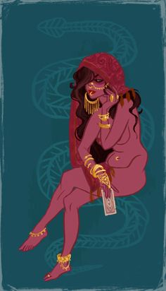 a drawing of a woman sitting on the ground with her hands in her pockets and wearing gold jewelry