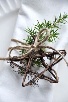 a bunch of branches tied together on top of a white cloth with twine around them