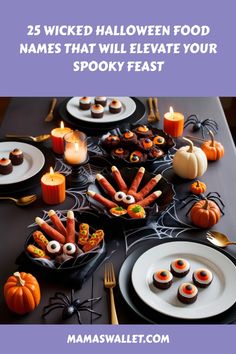 Halloween-themed table setting with spooky finger foods, pumpkins, and spiderweb decorations. Spooky Snacks, Gummy Worms