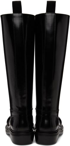 Knee-high polished calfskin boots in black. · Steel cap toe · Pull-loop at heel tab · Tonal stitching at welt · Stacked leather heel · Treaded rubber sole · Heel: H2.25 in Supplier color: Black Ann Demeulemeester Boots, Strap Boots, Boot Straps, Ann Demeulemeester, Boots Knee, Black Steel, Tall Boots, Leather Heels, Knee High Boots