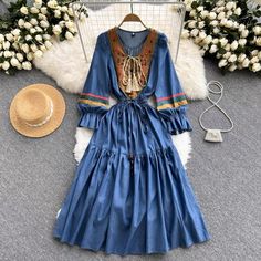 Ethnic style, vintage embroidered denim dress, autumn/winter, new style, V-neck dressMaterial:denimStyle:ethnicFeatures:embroideredColor:as pictureSize(cm):M,L,XL,2XL 1inch=2.54cmM:length:120,shoulder:34,waist:50,sleeve:57,bust:92&ltp&gtL:length:121,shoulder:35,waist:54,sleeve:58,bust:96</p>&ltbr/>&ltp&gtXL:length:122,shoulder:36,waist:58,sleeve:59,bust:100</p>&ltbr/>&ltp&gt2XL:length:123,shoulder:37,waist:62,sleeve:60,bust:104</p>&ltbr Cowboy Dress, Embroidered Denim Dress, Denim Dress Summer, Denim Maxi Dress, Party Dress Long Sleeve, Lined Jeans, Dress 2024, Puff Sleeve Dresses, Embroidered Denim