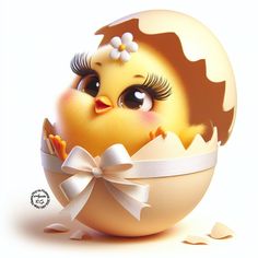 a yellow chickling in an egg with a white bow around its neck and eyes