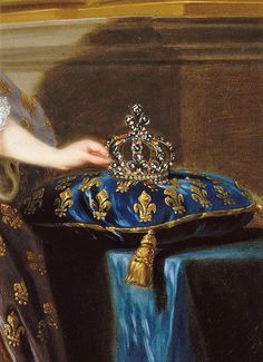 a painting of a woman holding a crown on top of a blue cloth covered box