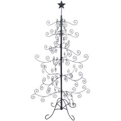 a tall metal christmas tree with stars on it's top and two star decorations