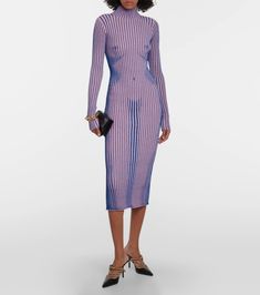 Trompe Loeil Midi Dress in Purple - Jean Paul Gaultier | Mytheresa Fitted Embroidered Midi Dress, Winter Midi Length Cocktail Dress, Fitted Denim Midi Dress, Winter Evening Bodycon Midi Dress, Designer Fitted Maxi Dress For Summer, Spring Bodycon Midi Dress, Bodycon Mid-length Evening Dress, Designer Fall Workwear Dresses, Bodycon Mid-length Dress For Evening