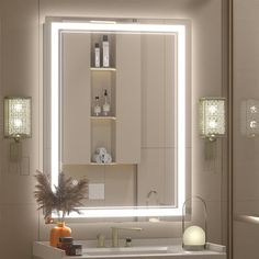 a bathroom with a sink, mirror and lights on the wall above it's counter