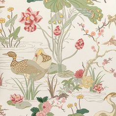 two birds are standing in the water surrounded by flowers and plants on a gray background