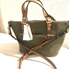 Parfois, Nwt, Canvas, Waterproof, One Strap Convertible (Hand To Shoulder), Khaki Green Women’s Bag, Interior And Exterior Zippered Pockets, Silver Accented Hardware, Casual, Contemporary, On The Go, Travel, Vacations, Career, Professional, See Pics For More Information On The Measurements Khaki Shoulder Bag With Double Handle And Zipper, Green Travel Satchel For Spring, Khaki Double Handle Shoulder Bag With Zipper, Spring Travel Green Satchel, Green Spring Travel Satchel, Functional Green Satchel With Adjustable Strap, Functional Green Satchel For On-the-go, Functional Green On-the-go Satchel, Outdoor Khaki Shoulder Bag With Zipper Closure