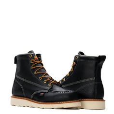 Style: 814-6201 **Please allow 2 weeks or longer for shipment.** Thorogood® American Heritage 6″ black moc toe work boots always put substance over style – but the black full-grain leather looks great too. Strong and durable, just like the person who wears them, these boots are up to the task and built to last. The six-inch shaft and fiberglass shank give you the support and flexibility you need when you’re on your feet all day, and the MAXWear Wedge™ slip-resistant outsole will help you stay on Moc Toe Boots, Black Oil, Toe Boots, American Heritage, Clothing Co, Work Boots, American Made, American Apparel, Full Grain Leather