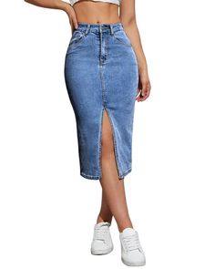 Trendy High Waist Stretch Skirt, Casual Stretch Pencil Skirt, Chic Stretch Denim Blue Skirt, Spring Non-stretch Denim Pencil Skirt, Non-stretch Denim Knee-length Skirt, Casual High Waist Non-stretch Pencil Skirt, Trendy Relaxed Knee-length Denim Skirt, Fitted Trendy Denim Skirt, Trendy Knee-length Relaxed Denim Skirt