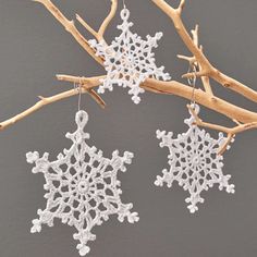 two snowflakes hanging from a branch on a gray background, one is crocheted and the other is beaded