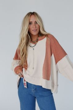 Elevate your casual boho style with our Ashley Color Block Top - both comfortable and oh so cute, you’re going to fall in love! Comfy, Cotton terry knit and thermal fabric that moves with you all day long Relaxed and loose silhouette with a notched neckline Dropped shoulders with long length sleeves for a laid-back and relaxed vibe Exposed seams and frayed edges throughout for a boho vibe Pair with: Sophie Crochet Lace Bralette, Washed Ashore Ruffled Maxi Skirt and Turquoise Cascade Necklace. *D Oversized Bohemian Loungewear Sweater, Oversized Bohemian Sweater For Loungewear, Bohemian Oversized Loungewear Sweater, Fall Bohemian Tops For Loungewear, Bohemian Soft Knit Long Sleeve Tops, Bohemian Long Sleeve Soft Knit Tops, Bohemian Soft Knit Tops For Fall, Free-spirited Long Sleeve Tops For Fall, Bohemian Relaxed Fit Cotton Sweater