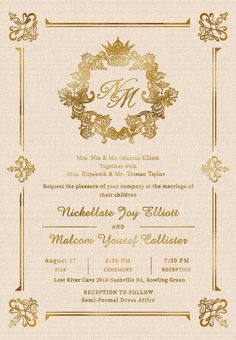 a wedding card with the letter m in gold and white, on a beige background