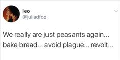 a tweet that reads, we really are just pesants again bake bread avoid plague revolt